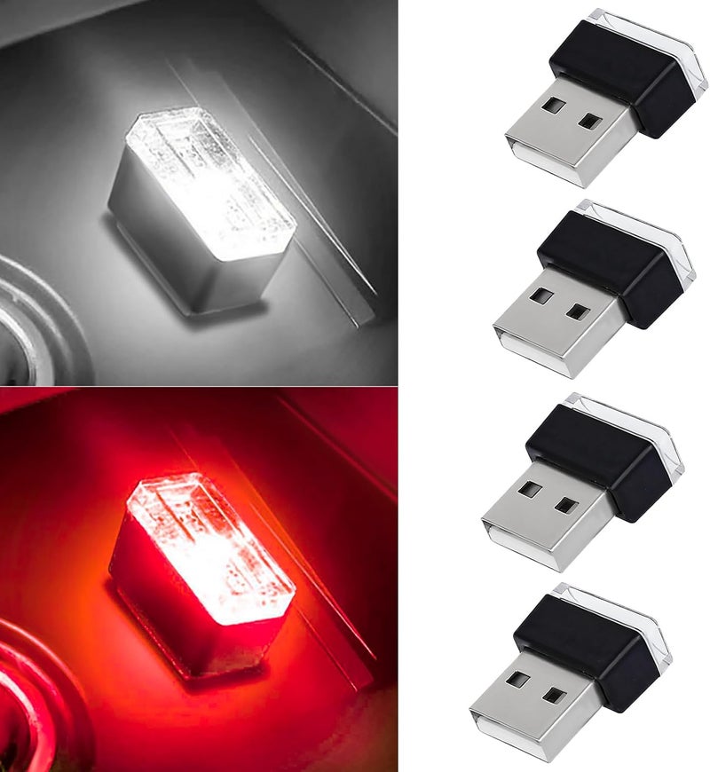 Hbxdeco 4 PCS USB LED Car Interior Atmosphere Lamp, Portable Mini Auto LED Decor Night Light, Plug-in USB Interface Ambient Lighting Kit, Universal Car Interior Accessories(White+Red) - Image 1